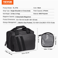 VEVOR Tactical Pistol Backpack - 2 Pistol Cases, 6 Magazine Slots for Shooting & Hunting - Durable 600D Polyester, Black