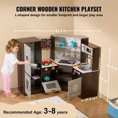 VEVOR Kids Kitchen Playset - 24-Piece Wooden Pretend Cooking Toy Set with Realistic Kitchenware in Brown