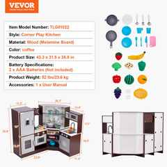 VEVOR Kids Kitchen Playset - 24-Piece Wooden Pretend Cooking Toy Set with Realistic Kitchenware in Brown