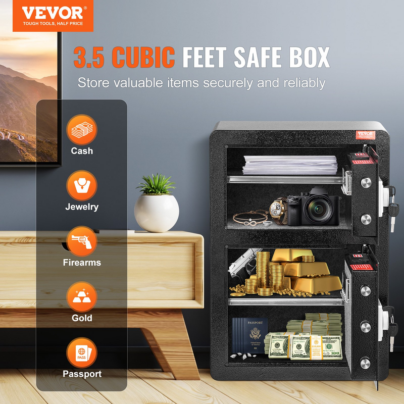 VEVOR 3.5 Cu.ft Double Door Safe Box with Key Lock and Password, Fireproof Bag Included – Secure Your Valuables