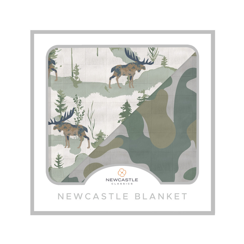 Mountain Moose and Hunter's Camo Newcastle Blanket - Soft, Cozy, 100% Natural Bamboo Muslin