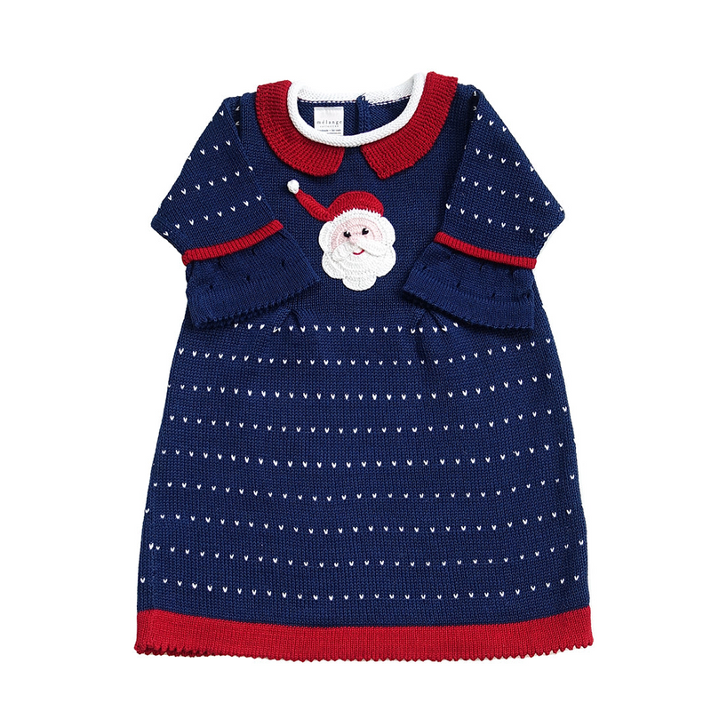 Festive Blue Santa Dress - Knit Cotton Dress with Hand-Embroidered Santa Design