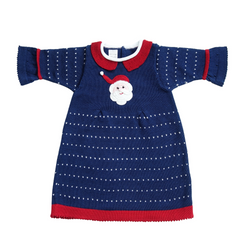 Festive Blue Santa Dress - Knit Cotton Dress with Hand-Embroidered Santa Design