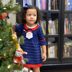 Festive Blue Santa Dress - Knit Cotton Dress with Hand-Embroidered Santa Design