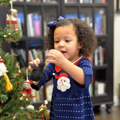 Festive Blue Santa Dress - Knit Cotton Dress with Hand-Embroidered Santa Design