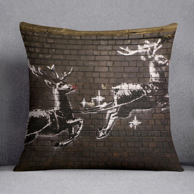 Banksy Christmas Cushion – Luxurious Vegan Faux Suede, Available in Multiple Sizes