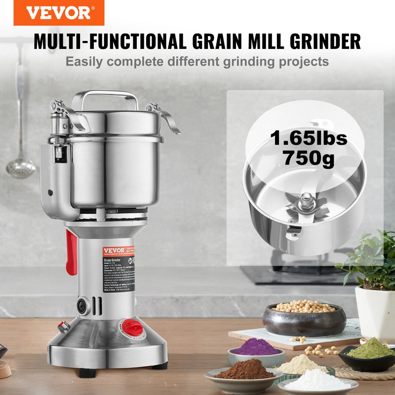 VEVOR 750g Commercial Spice Grinder Electric Grain Mill - High Speed, Stainless Steel, Portable, Powerful 2000W Motor