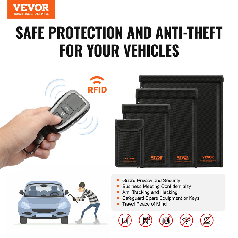 VEVOR Faraday Bag 4 Pack Set - Fireproof Signal Blocking Pouch for Laptop, Tablet, Phone & Radio - Anti-Theft & Anti-Hacking Protection