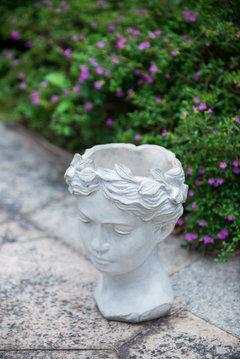 Greek Style Cement Head Planter - Unique Indoor Outdoor Home Garden Decor, 7" x 11"