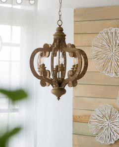 Farmhouse Chandelier, 6-Light Wood Pendant Light Fixture with Adjustable Chain for Dining Room, Living Room, Entryway - Bulbs Not Included