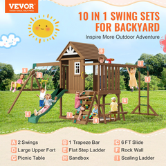 VEVOR 10-in-1 Wooden Swing Set - Outdoor Playground with Slide & Fort | Safe & Fun for Kids Ages 3-10