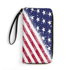 Patriotic USA Flag Leather Wallet with Wristlet Strap