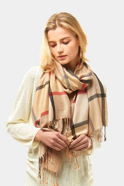 All Season Beige Plaid Scarf - Medium Weight, Stylish & Versatile Fringed Scarf | Perfect Year-Round Accessory