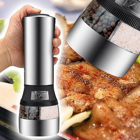 Perfect Blend Electric Salt and Pepper Grinder - Premium Stainless Steel 2-in-1 Grinder for Effortless Seasoning - Adjustable Coarseness, Space-Saving Design, Battery Operated