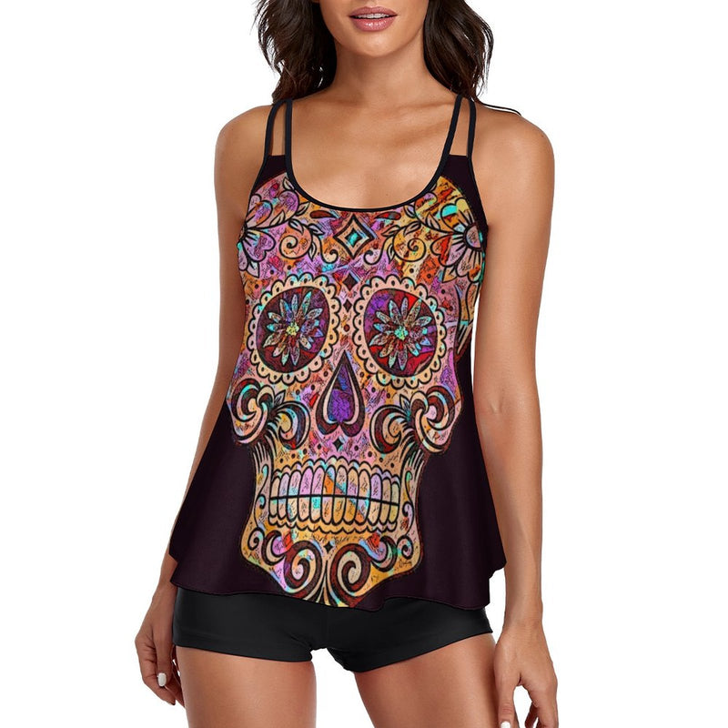 Women's Day of the Dead Skull Tankini Two Piece Swimsuit