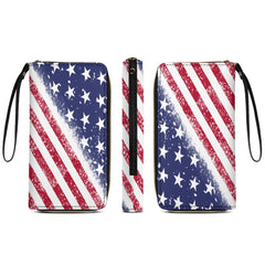 Patriotic USA Flag Leather Wallet with Wristlet Strap