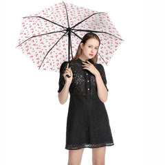 Automatic Black Umbrella with Cherry Hearts Print on the Inside Valentines Umbrella Gift