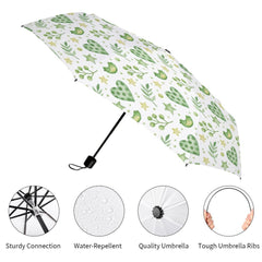 Lightweight 3-fold Umbrella with Green Hearts and Birds Valentines Umbrella Gift