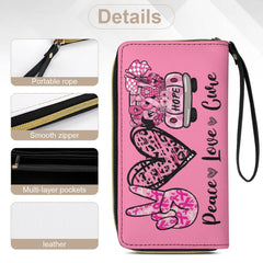 Peace Love Cure Breast Cancer Awareness Ribbon Pink Leather Wallet with Wristlet Strap