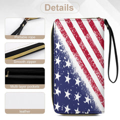 Patriotic USA Flag Leather Wallet with Wristlet Strap