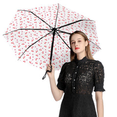 Automatic Black Umbrella with Cherry Hearts Print on the Inside Valentines Umbrella Gift