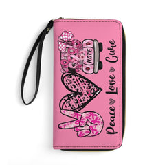 Peace Love Cure Breast Cancer Awareness Ribbon Pink Leather Wallet with Wristlet Strap