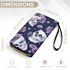 Skull and Flower PU Leather Wallet with Wristlet Strap