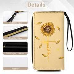 Sunflower Faith Christian Cross Leather Wallet with Wristlet Strap