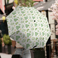 Lightweight 3-fold Umbrella with Green Hearts and Birds Valentines Umbrella Gift