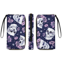 Skull and Flower PU Leather Wallet with Wristlet Strap