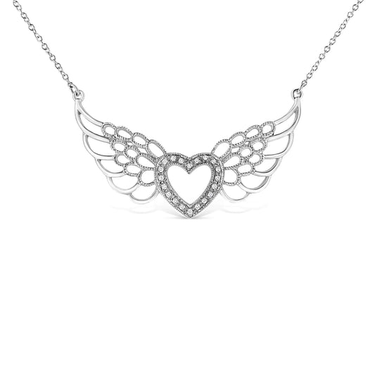 .925 Sterling Silver Pave-Set Diamond Accent Fairy Angel Wings 18" Heart Pendant Necklace (I-J Color, I1-I2 Clarity)