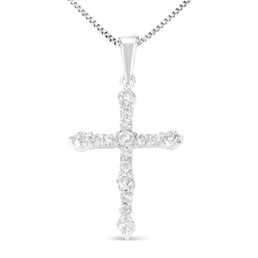 .925 Sterling Silver 1/2 Cttw Round Diamond Cross Pendant 18" Necklace (I-J Color, I1-I2 Clarity)