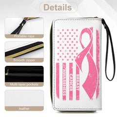 Breast Cancer Awareness Robbon Leather Wallet with Wristlet Strap