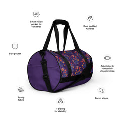 Purple Flower Power print gym bag Medium duffle sports bag workout bag, Yoga, Fitness, gift for her, gift for Mother's Day