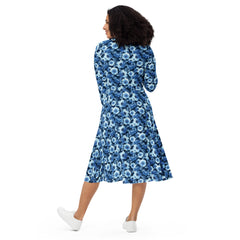 Modest Clothing All-over Blue Flowers print long sleeve midi dress with pockets