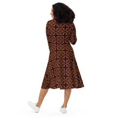 Modest Clothing All-over Rich Chocolate Brown Geometric print long sleeve midi dress with pockets