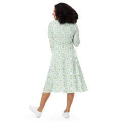 Modest Clothing All-over Green Geometric print long sleeve midi dress with pockets