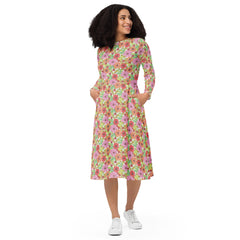 Modest Clothing All-over Flowers print long sleeve midi dress with pockets