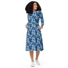 Modest Clothing All-over Blue Flowers print long sleeve midi dress with pockets