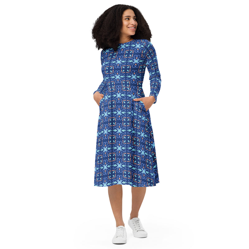 Modest Clothing All-over Blue Geometric print long sleeve midi dress with pockets