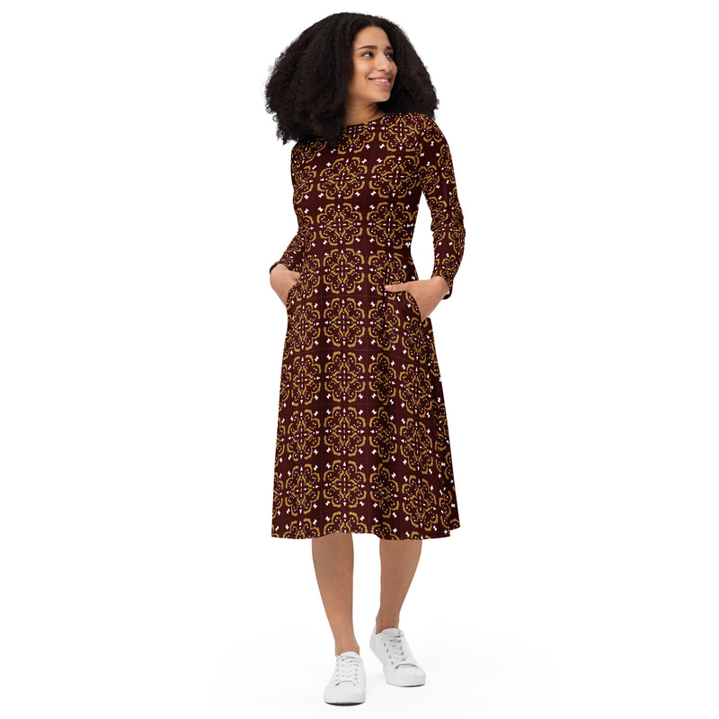 Modest Clothing All-over Rich Chocolate Brown Geometric print long sleeve midi dress with pockets