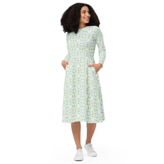 Modest Clothing All-over Green Geometric print long sleeve midi dress with pockets