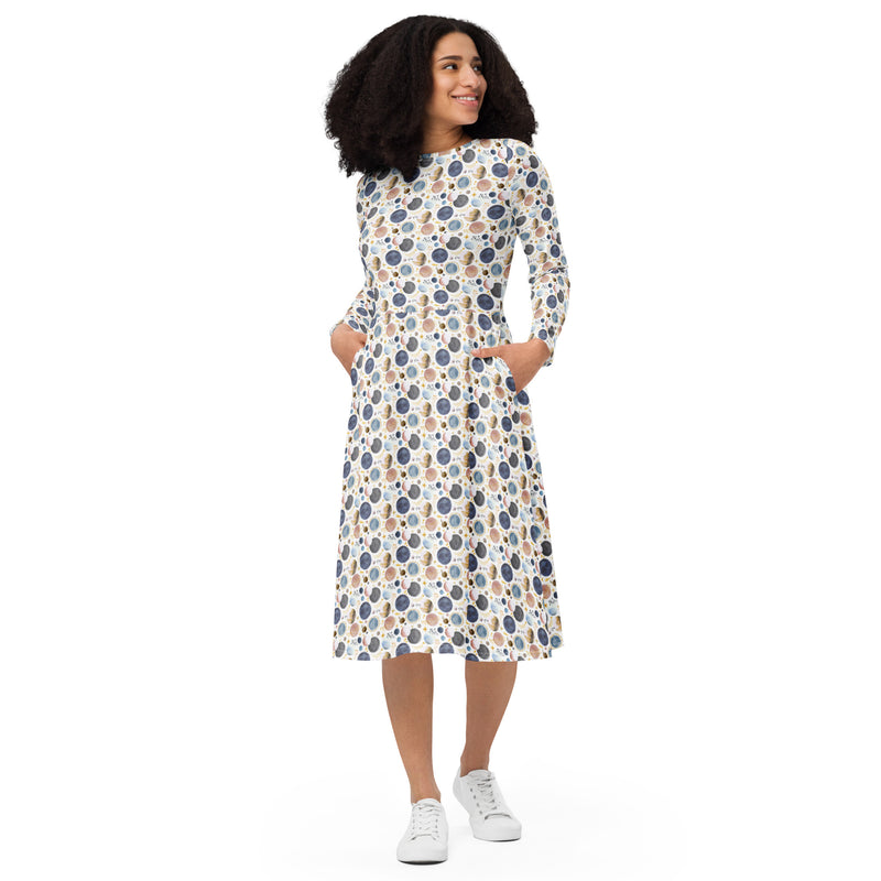 Modest Clothing All-over Out of this World Galaxy Moon and Planets print long sleeve midi dress with pockets