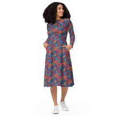 Modest Clothing All-over Abstract Multi-Color print long sleeve midi dress with pockets