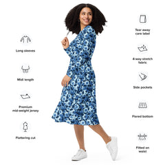 Modest Clothing All-over Blue Flowers print long sleeve midi dress with pockets