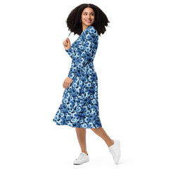 Modest Clothing All-over Blue Flowers print long sleeve midi dress with pockets