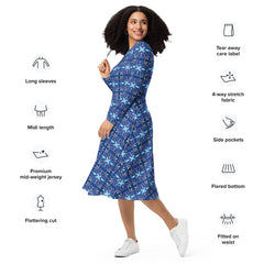 Modest Clothing All-over Blue Geometric print long sleeve midi dress with pockets