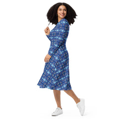 Modest Clothing All-over Blue Geometric print long sleeve midi dress with pockets