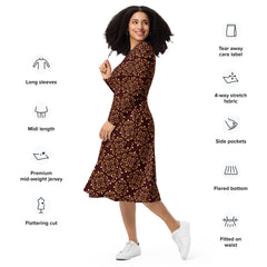 Modest Clothing All-over Rich Chocolate Brown Geometric print long sleeve midi dress with pockets