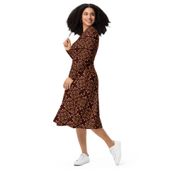 Modest Clothing All-over Rich Chocolate Brown Geometric print long sleeve midi dress with pockets